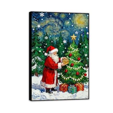 Imagem de Zeichn8u Vintage aconchegante Papai Noel arte de parede presentes pintura impressão azul céu estrelado floresta país cabine decoração inverno impressão para sala de estar decoração de parede 60 x 40