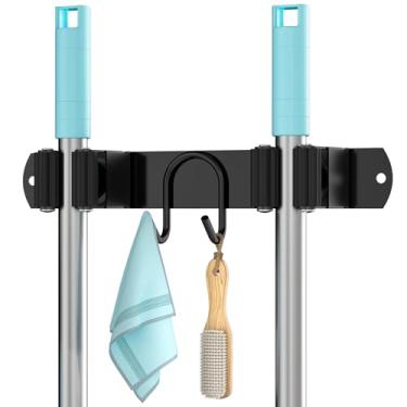 Imagem de AURIKAR Suporte de parede para vassoura, organizador de vassoura e esfregão de aço inoxidável, gancho de vassoura com 2 compartimentos, 2 ganchos para cozinha doméstica, garagem, jardim e lavanderia