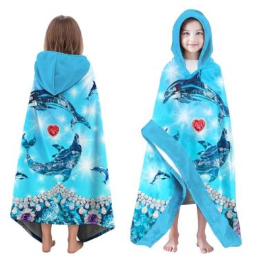 Imagem de Neapth Toalha de praia com capuz golfinho para meninas, 76.2 cm x 127.0 cm Glitter Ocean Design Kids Poncho Toalha de banho para crianças, azul claro macio absorvente com capuz para 3-10 anos roupão
