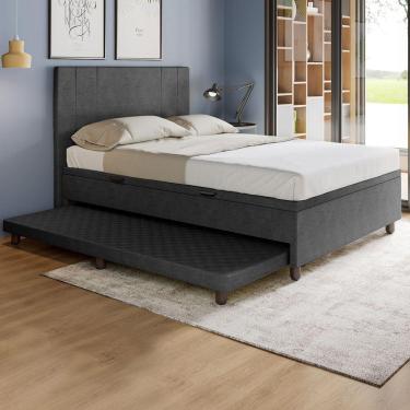 Imagem de Base Cama Baú Casal Com Cama Auxiliar C/colchão Conjugado Veludo - Skybox Cor Preto