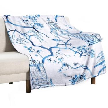 Imagem de Cobertores botânicos florais azuis estilo vintage para sofá, cobertor de lã super macio cobertor de pelúcia cobertor aconchegante felpudo cobertores de flanela de microfibra para cama, sofá - 152 x