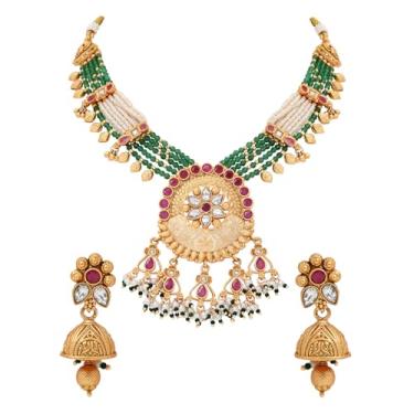 Imagem de I Jewels Colar de pérolas com design floral de latão antigo banhado a ouro de Bollywood indiano com brinco Jhumki conjunto de joias para mulheres (MC218G)