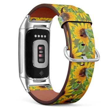 Imagem de Pulseira de couro de substituição para relógio Fitbit Charge 5/Fitbit Charge 6 (girassol 2) para smartwatch para mulheres e homens