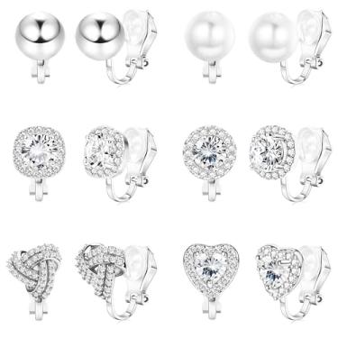 Imagem de Florideco Brincos de pressão para mulheres, banhado a ouro 14 K, zircônia cúbica, clipe no pino, não perfurado, nó torcido simulado pérola coração conjunto de brincos, Metal, Zircônia cúbica