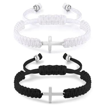 Imagem de Korotho Pulseiras combinando para casais amigos, 2 peças de pulseiras cruzadas ajustáveis para mulheres e homens, joias combinando para namorada namorada corda trançada Jesus Cristão BFF pulseiras de