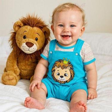 Imagem de Conjunto Macacão Jardineira + Camiseta Leão Bebe Menino Tam RN a 03 Me