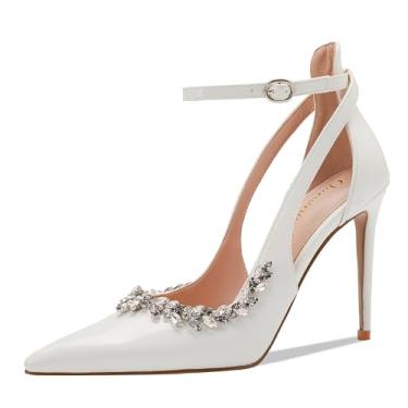 Imagem de Qunvngutui Sapatos femininos de salto alto com bico fino com tiras e salto alto sexy, Strass branco, 40