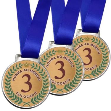 Imagem de Kit 5 Medalhas Para Premiação De Campeão Competições Esportes 50mm Honra ao Mérito Com Fita Azul (3º lugar Bronze)