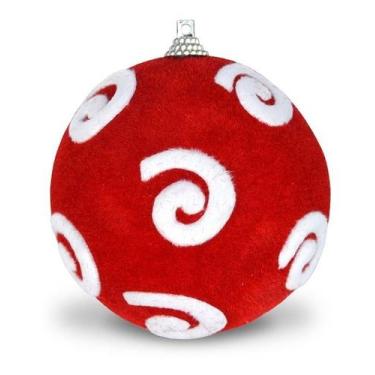 Imagem de Bola De Natal Decorada 10cm Vermelha Flocada 6 Un. - Fitas e Festas