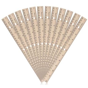 Imagem de Régua de madeira pacote com 12 réguas de madeira a granel de 30,5 cm, régua de medição de madeira com centímetros e polegadas, réguas de borda reta com 4 furos para material de desenho de escritório