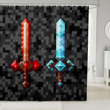 Imagem de Cortina de banho com espada azul vermelha, cortina de chuveiro para jogos de construção Sandbox, estilo pixelado, espadas, banheira, tecido impermeável, cinza, preto, camuflado, decoração de banheiro