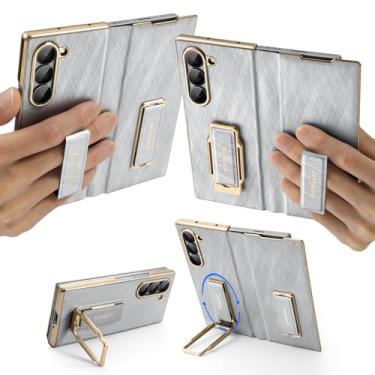 Imagem de Capa dupla para Samsung Galaxy Z Fold 7 com suporte, capa dobrável de couro e metal com alça de pulso e proteção de dobradiça, capa com suporte à prova de quedas para telefone Fold7, prata branca