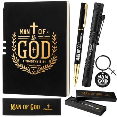 Imagem de Kosiz 5 peças de presentes cristãos do homem de Deus para homens, caderno de couro, cruz, chaveiro, lanterna de bolso à prova d'água, com clipe, versículo da Bíblia, caneta com caixa de canetas