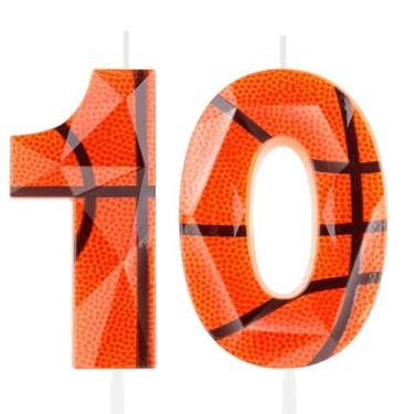 Imagem de Vela de basquete 3D número 10 velas de aniversário laranja 10º aniversário cera premium e design de diamante 3D decoração de topo de bolo com tema de basquete para meninos meninas crianças festa
