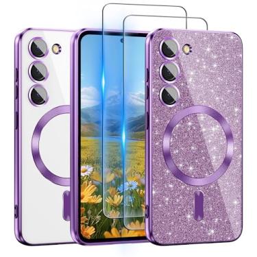 Imagem de Capa para Galaxy S23+ Plus compatível com MagSafe, [cartão de glitter e 2 peças de películas HD] Linda capa brilhante brilhante [nunca amarela], fina, à prova de choque, antiarranhões, macia e