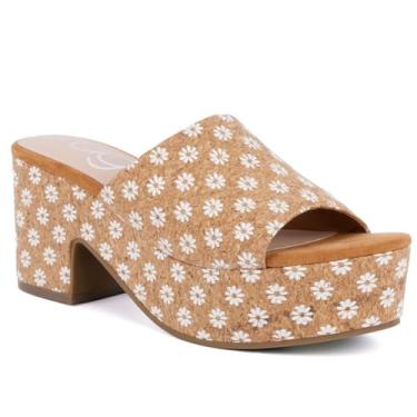 Imagem de Sugar Sandálias femininas de alpargatas sem cadarço – Slide de plataforma grossa com cabedal de tecido e fivela de strass – Sapato moderno de verão para uso casual e na praia, Margarida natural, 35