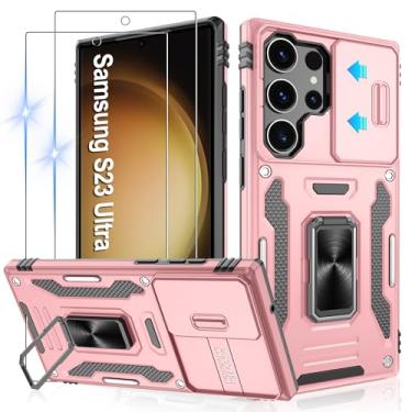 Imagem de Gritup Capa para Samsung Galaxy S23 Ultra com 2 protetores de tela HD e capa de câmera deslizante, proteção contra quedas de grau militar de 3 m, suporte de anel magnético, capa protetora para celular