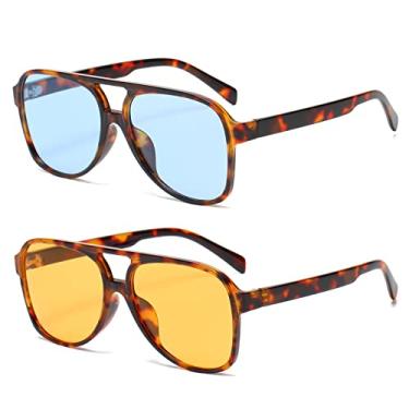 Imagem de OSAGAMA Óculos de sol vintage retrô anos 70 amarelo aviador grande para mulheres, Laranja/leopardo completo + azul/leopardo completo, Large