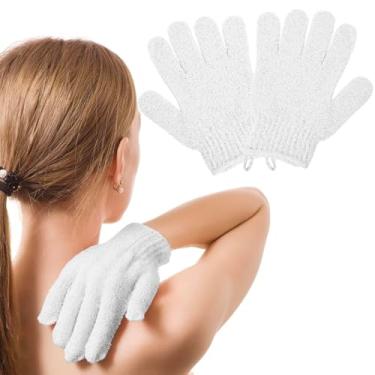 Imagem de Um par com cordão de luva esfoliante usa esponja de bucha, luva de esfoliação de banho reutilizável para homens e mulheres (branca)