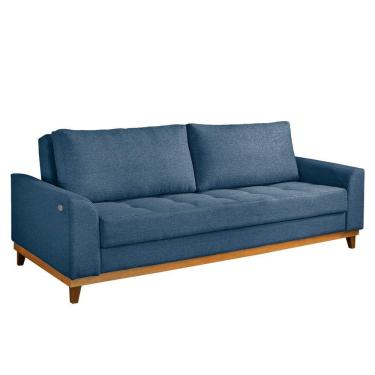 Imagem de Sofá Living E Reclinável Jasmin Linho Com Pés De Madeira Usb Com Kit Usb Cor Azul 2164