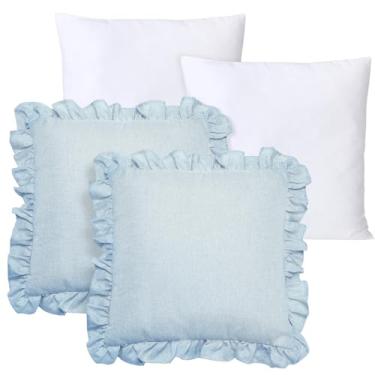 Imagem de Fiwochic Pacote com 4 capas de almofada azul claro com babados e enchimentos de travesseiro, 45,72 x 45,72 cm, fronha quadrada decorativa de linho com detalhes macios, para sofá, sala de estar, casa