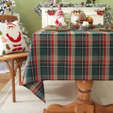 Imagem de Laolitou Toalha de mesa de Natal verde guingão, retangular, xadrez, búfalo, xadrez, algodão, linho, toalhas de mesa laváveis, sem rugas, para piquenique, cozinha, 152 x 269 cm, 8 a 10 lugares