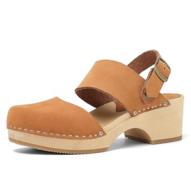 Imagem de AORMATOU Tamanco Feminino De Madeira Feito À Mão, 2,3" Couro, Com Costas Abertas, Tira Clássica No Tornozelo Para Uso Duradouro (Mj 03 Marrom Fosco 7)