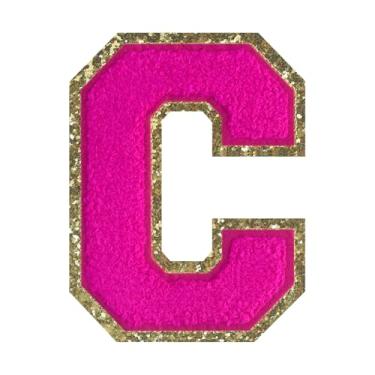 Imagem de 1 peça de patch de letra de chenille rosa de 11,4 cm com borda dourada – Remendos do alfabeto para roupas, jaquetas, mochilas, chapéus para decoração personalizada, nome personalizado e artesanato. (C