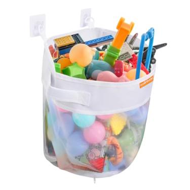 Imagem de Organizador de brinquedos de banho – armazenamento de malha de grande capacidade com abertura ampla, zíper inferior de liberação rápida, montado na parede e dobrável, suporte de brinquedo para