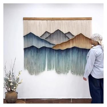 Imagem de Macrame Wall Hanging Tapeçarias de algodão tecidas à mão incluem postes de madeira, paisagem minimalista com divisórias decorativas e cortinas em estilo antigo.(130x90cm/51x34in)