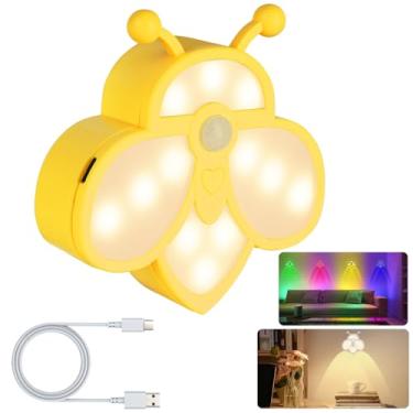 Imagem de KOMILIFT Luz noturna com sensor de movimento, lâmpada noturna regulável de 9 cores, recarregável por USB, luz noturna de abelha fofa para crianças, luz magnética de armário para escadas, quarto