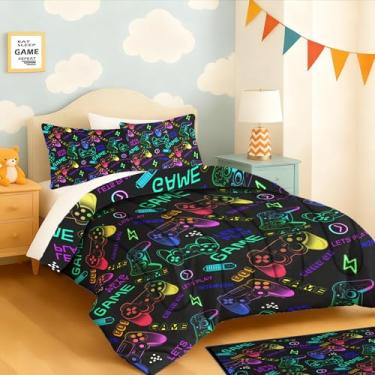 Imagem de yompray Jogo de cama com controle de jogo, macio, leve, fofo, para crianças, adolescentes, jogos, decoração de quarto, tamanho casal, 3 peças (1 edredom + 2 fronhas)