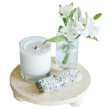 Imagem de Bandeja com pé de travertino 100% natural – suporte de pedestal de pedra redonda com 3 pernas esféricas, capa decorativa neutra para penteadeira, cozinha, banheiro, sala de estar, sabonete, perfume