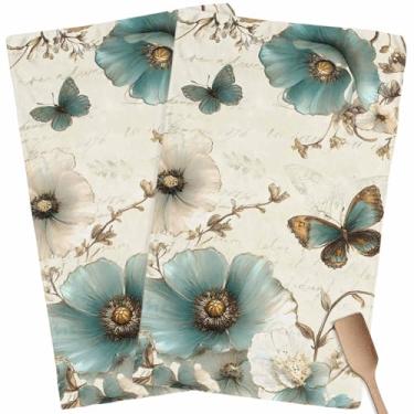 Imagem de Conjunto de 2 panos de prato de toalha de cozinha de flores turquesas, toalhas de mão de borboleta floral de microfibra macia, tulipa do campo, toalhas de prato de secagem rápida absorventes para pia