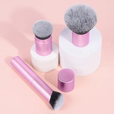 Imagem de 3 pincéis de maquiagem para blush, base e sombra, fofo e vegano, aplique a cor uniformemente e misture facilmente (rosa)