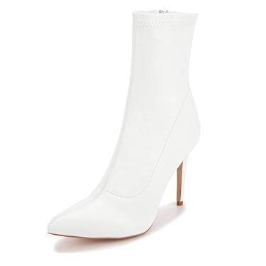 Imagem de CAMSSOO Botas femininas de cano alto, salto alto, bico fino, sexy, com zíper lateral, meias confortáveis, cano médio, Poliuretano branco fosco, 40