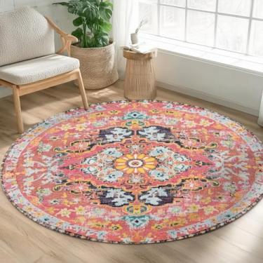 Imagem de Tapete boêmio floral redondo de 1,2 m, lavável à máquina, medalhão rosa, turco, oriental, redondo, antiderrapante, boho, pêlo baixo, tapete para sala de estar, quarto, cozinha, jantar