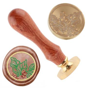 Imagem de Carimbo de selo de cera de folhas de café cobre vintage destacável carimbo de latão e um padrão de cabo de madeira Carta de cabeça cartão de convite de presente de casamento pacote de férias