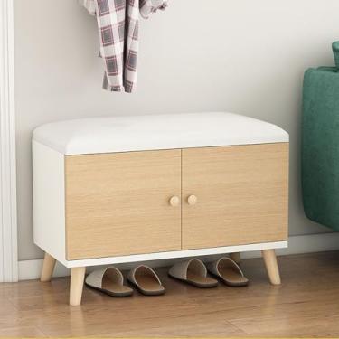 Imagem de Yadlan Banco de armazenamento de 2 camadas, banco de sapatos com almofada de assento acolchoada, banco de entrada de madeira maciça com 2 portas para entrada, sala de estar, quarto D 70 cm