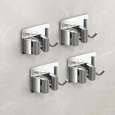 Imagem de 4 peças de suporte autoadesivo de aço inoxidável para esfregão montado na parede com ganchos, suporte de vassoura autoadesivo