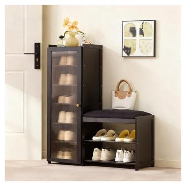 Imagem de SPXMQSS Sapateira de bambu, banco de entrada com almofada macia 2 em 1, banco de sapatos e armário de armazenamento com prateleiras removíveis para entrada, sala de estar, quarto, preto 85 x 31 x 100