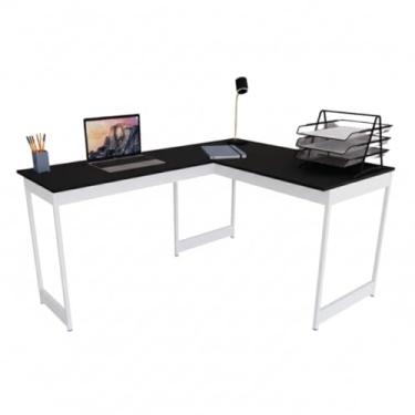 Imagem de Mesa Em L Estilo Industrial Escrivaninha De Canto Escritório Estudo Beni Camaleão (Preto pés brancos)