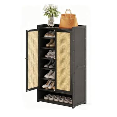 Imagem de SPXMQSS Armário de sapatos com portas, armário de armazenamento de sapatos grande de 7/8 níveis para entrada de bambu, sapateira independente para corredor, sala de estar, quarto, armário preto 60 x