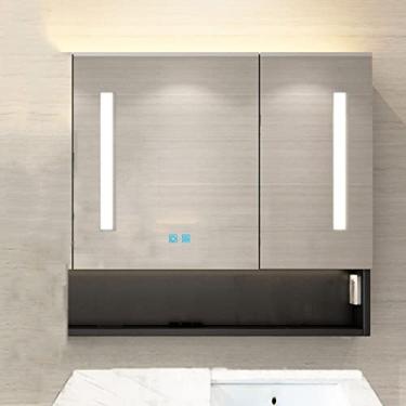 Imagem de SPXMQSS Armários de banheiro com luzes, armário com espelho de LED, regulação contínua com prateleiras, armários de parede de banheiro com soquete, unidades de armazenamento montadas na parede B, 70 x