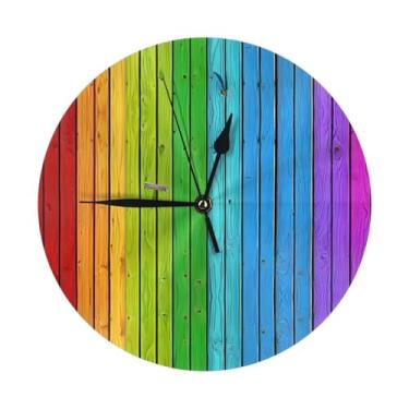Imagem de ZERAOKE Fundo de madeira colorido arco-íris - relógio de parede redondo moderno - silencioso sem tique-taque operado por bateria, decoração de mesa ou parede para sala de estar, quarto, escritório.