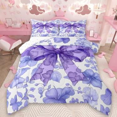 Imagem de Feelyou Conjunto de edredom com laço roxo para todas as estações, floral, azul, com 1 fronha, lindo, nó de laço de coquete, roupa de cama de solteiro, decoração de flores desabrochando, edredom macio