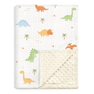 Imagem de Cobertores de bebê de dinossauro para meninos, cobertores macios para berçário com musselina e lã pontilhada nas costas 76 x 101 cm, colcha de cama para recém-nascidos, bebês e crianças pequenas