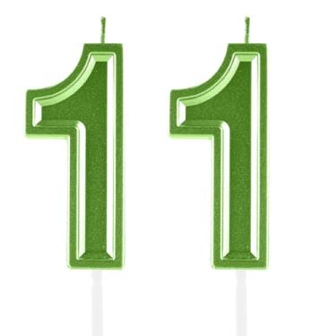 Imagem de Velas de aniversário de 11 anos, numerais verdes, decoração de topo de bolo, meninas, meninos, tema de aniversário, festa de casamento, aniversário de casamento, suprimentos para celebração
