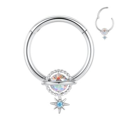 Imagem de GAGABODY Piercing de nariz de aço cirúrgico calibre 16 brincos septo joia septo 8 mm prata hélice brincos argola daith jóias estilo galáxia ABCZ 16G Clicker Hoop Daith brinco