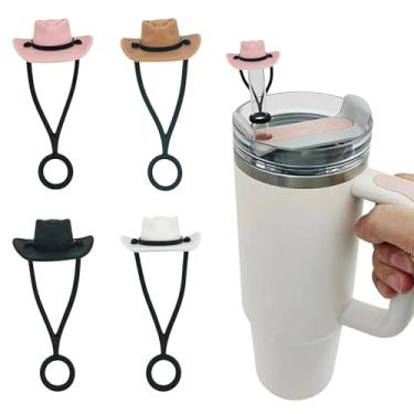 Imagem de Pacote com 4 tampas de palha de chapéu de cowboy de silicone para copos Stanley compatíveis com copos de 850 g/1,134 g - tampas decorativas destacáveis para canudos de 10 mm, acessórios de presente